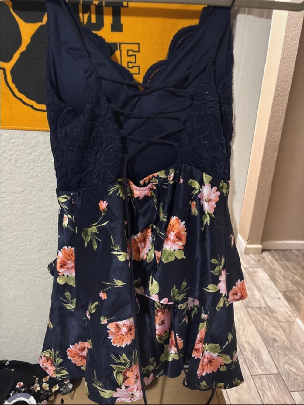 City Studio Navy Lace Bodice Floral Mini Dress - Picture 2 of 5